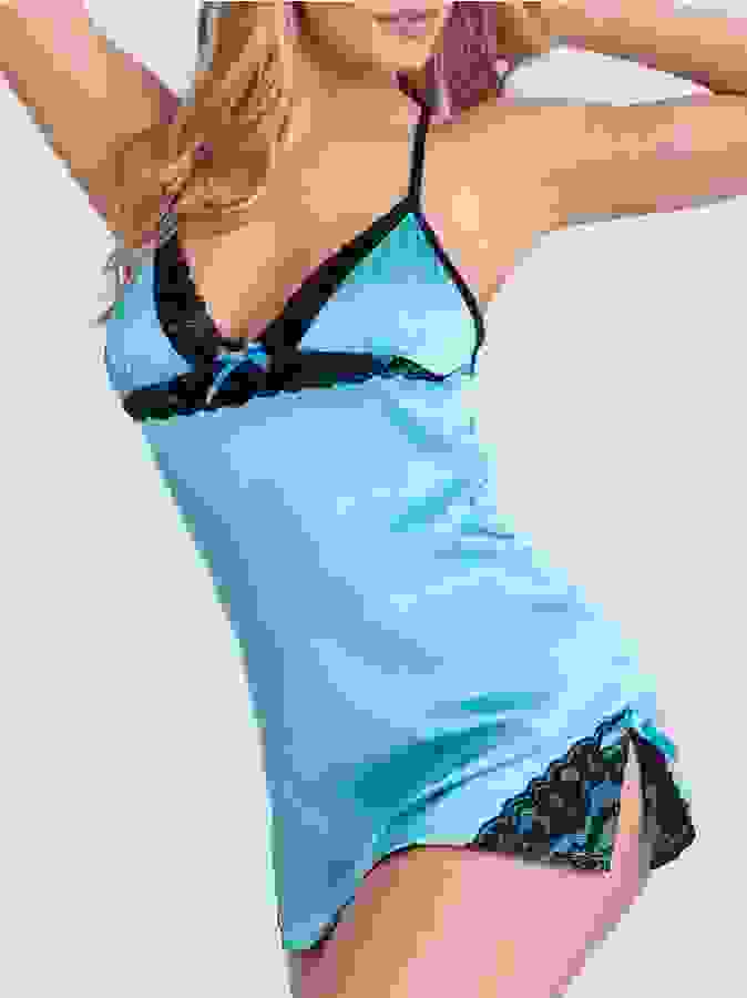 Lovehoney Satin and Lace Turquoise Chemise Set, Blue, hi-res
